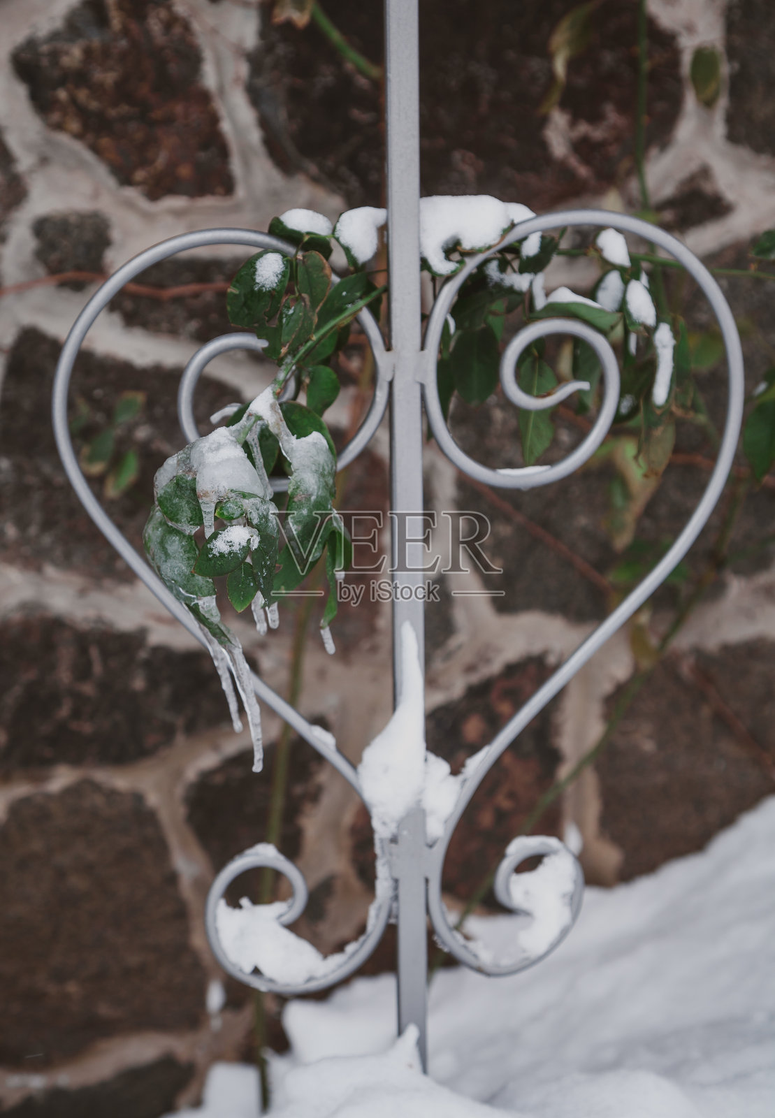 冬季庭院雪堆中的锻造情人节装饰照片摄影图片