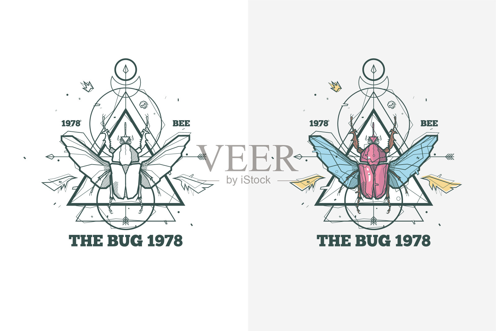 古老的昆虫昆虫插图与神圣的几何和字母。插画图片素材