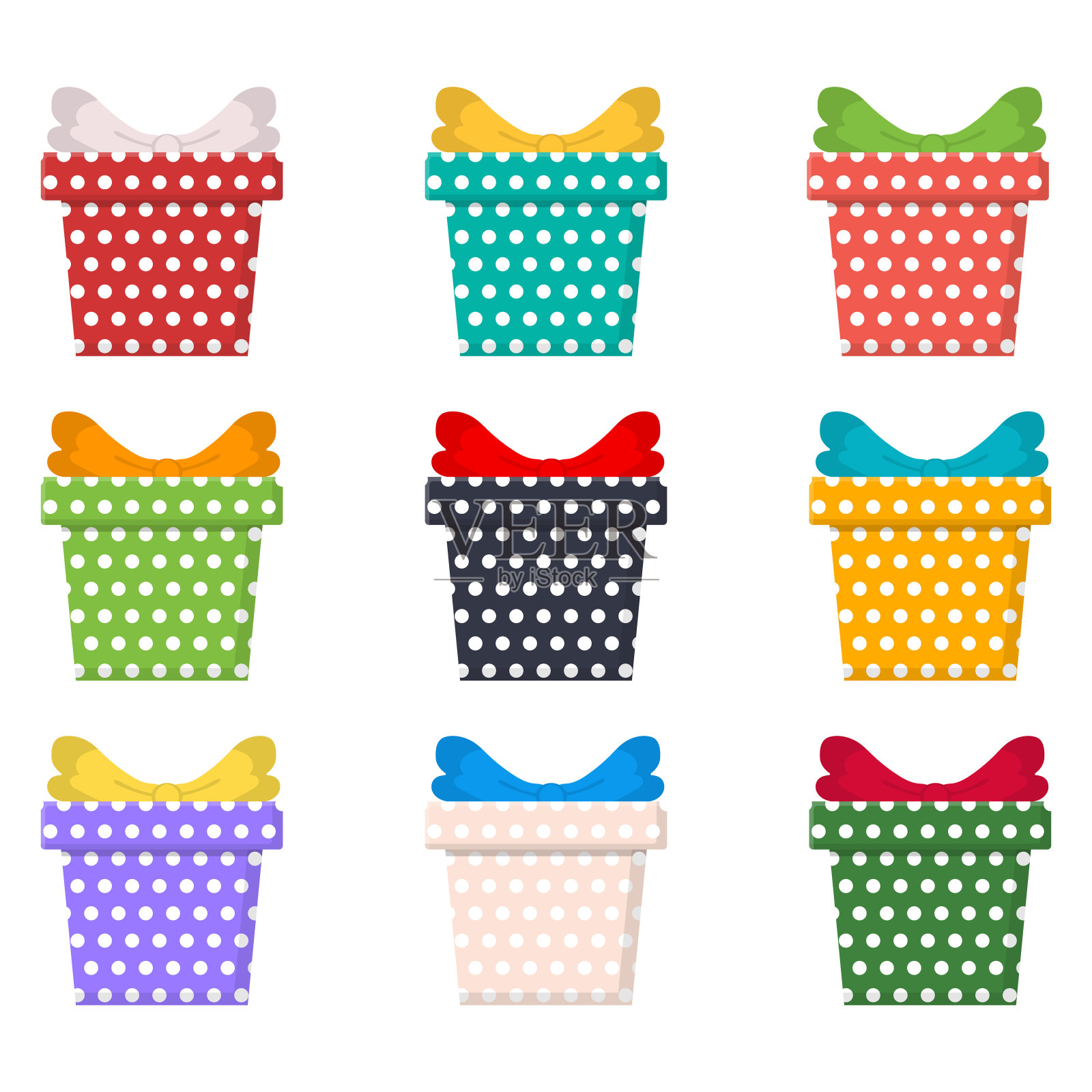 一套彩色礼品盒，呈现孤立的白色背景。销售、购物的概念。生日收藏，圣诞节收藏。卡通风格。矢量插图为任何设计。设计元素图片