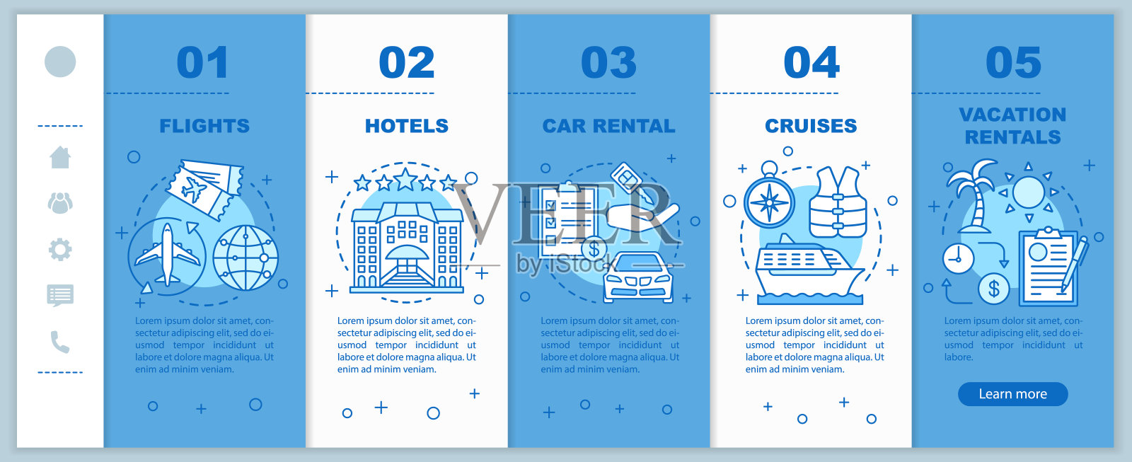 旅行计划车载移动网页矢量模板。飞行中,克鲁斯。响应智能手机网站界面与线性插图的想法。网页演练步骤屏幕。颜色的概念设计模板素材