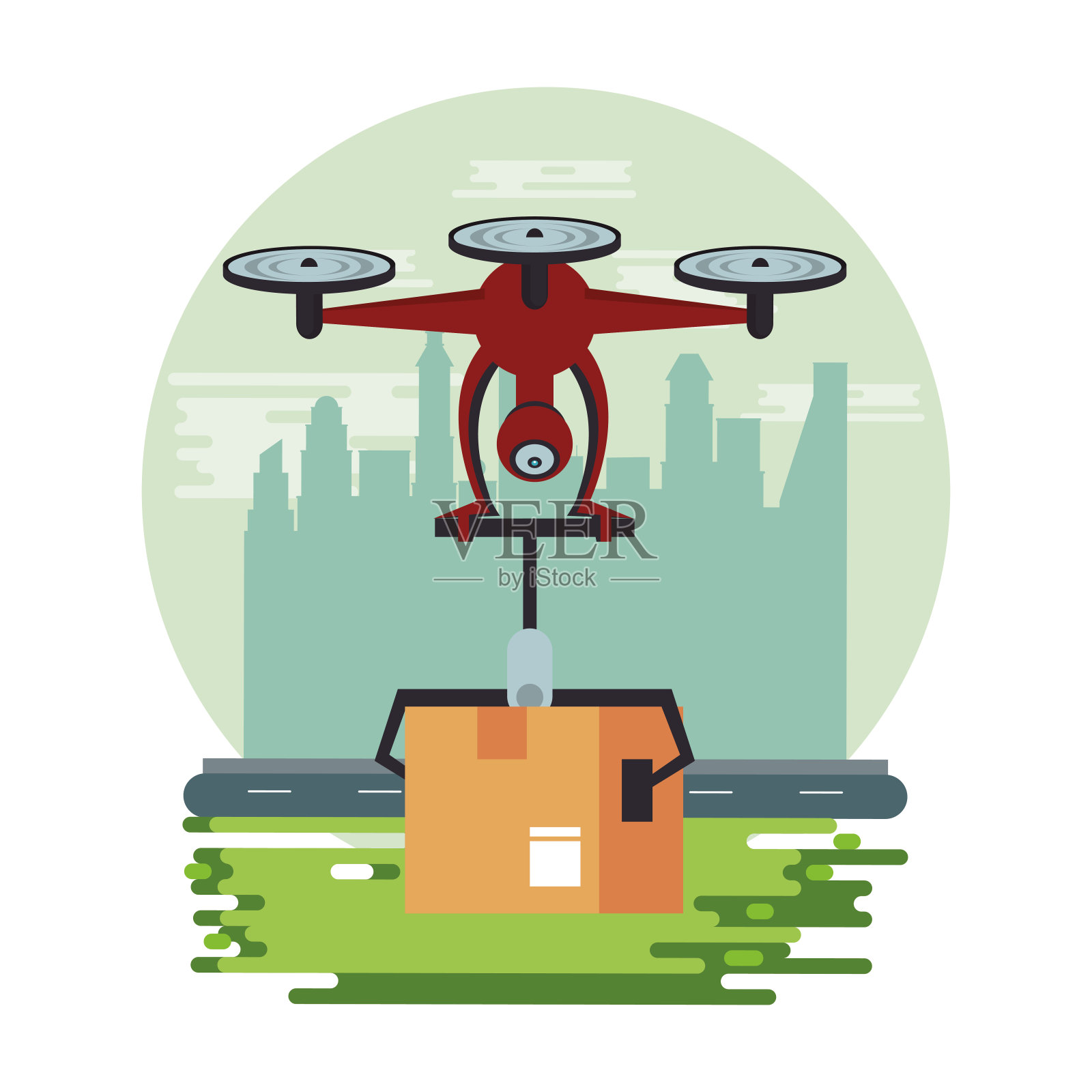 无人机技术与盒子一起在城市中飞行插画图片素材