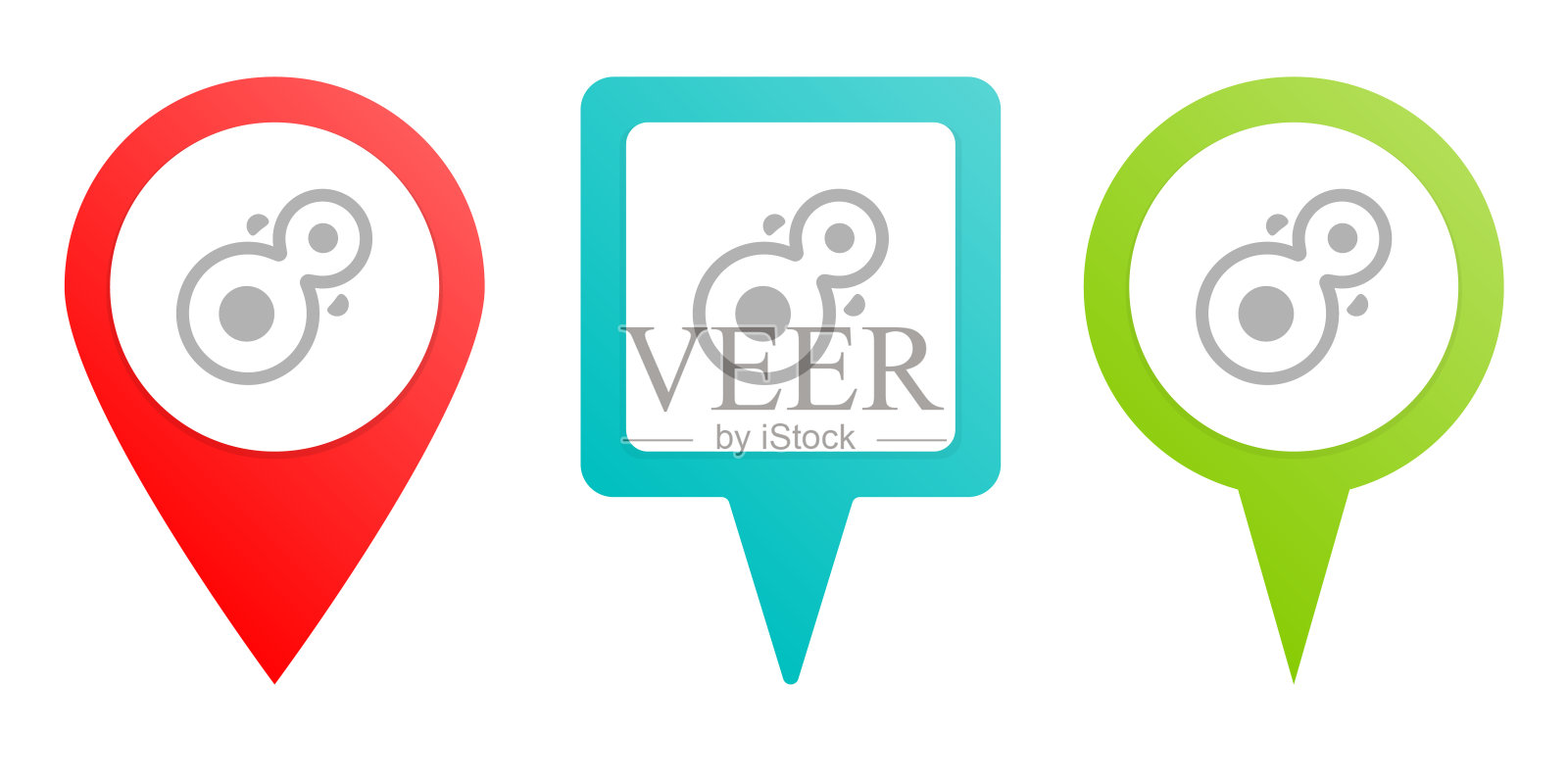 细胞分裂。多色引脚矢量图标，不同类型的地图和导航点。图标素材