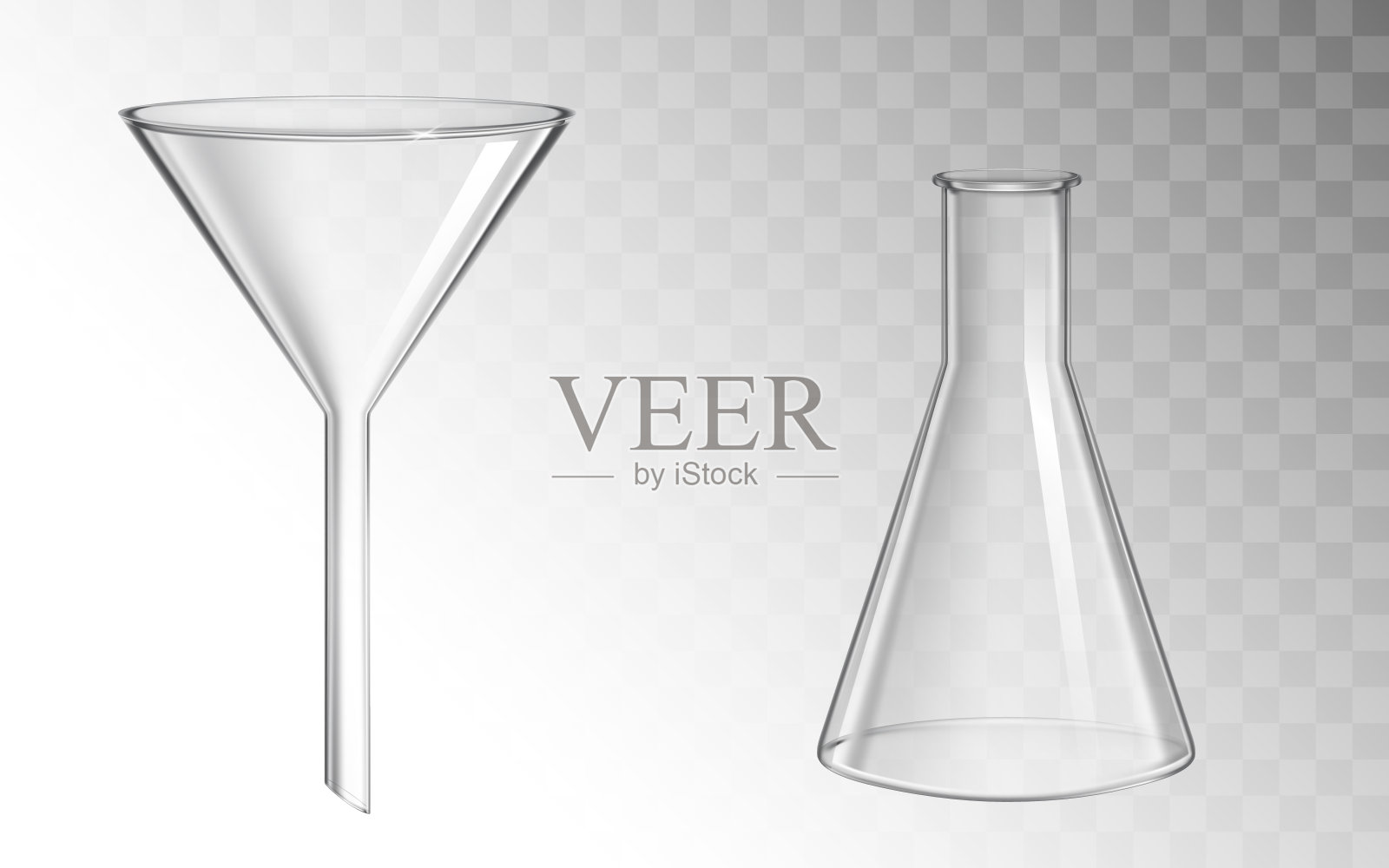 玻璃漏斗和烧瓶，化学实验室用玻璃器皿插画图片素材