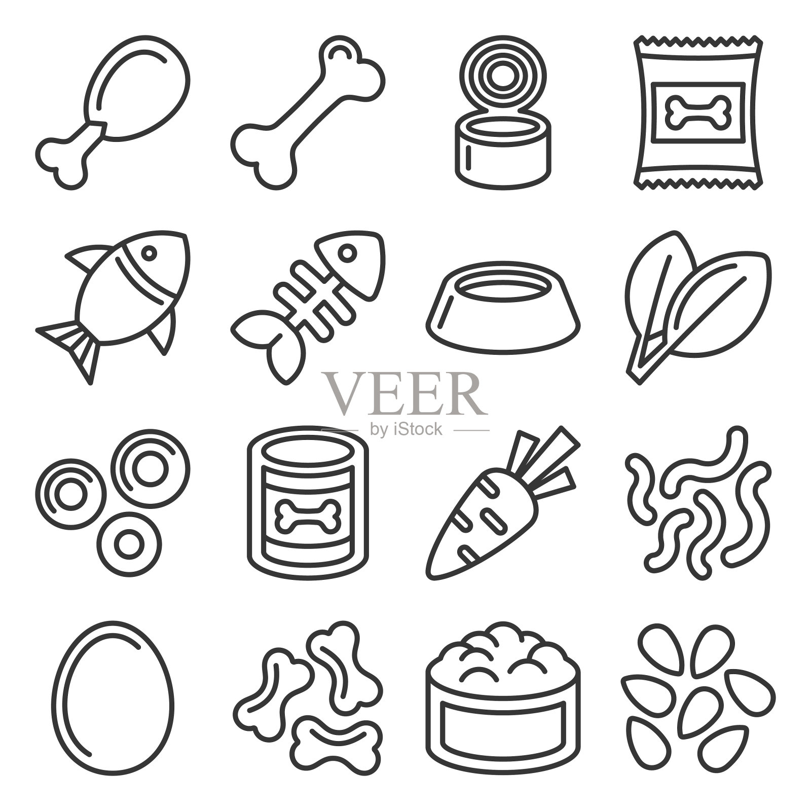 宠物食品图标设置在白色背景。线型向量插画图片素材