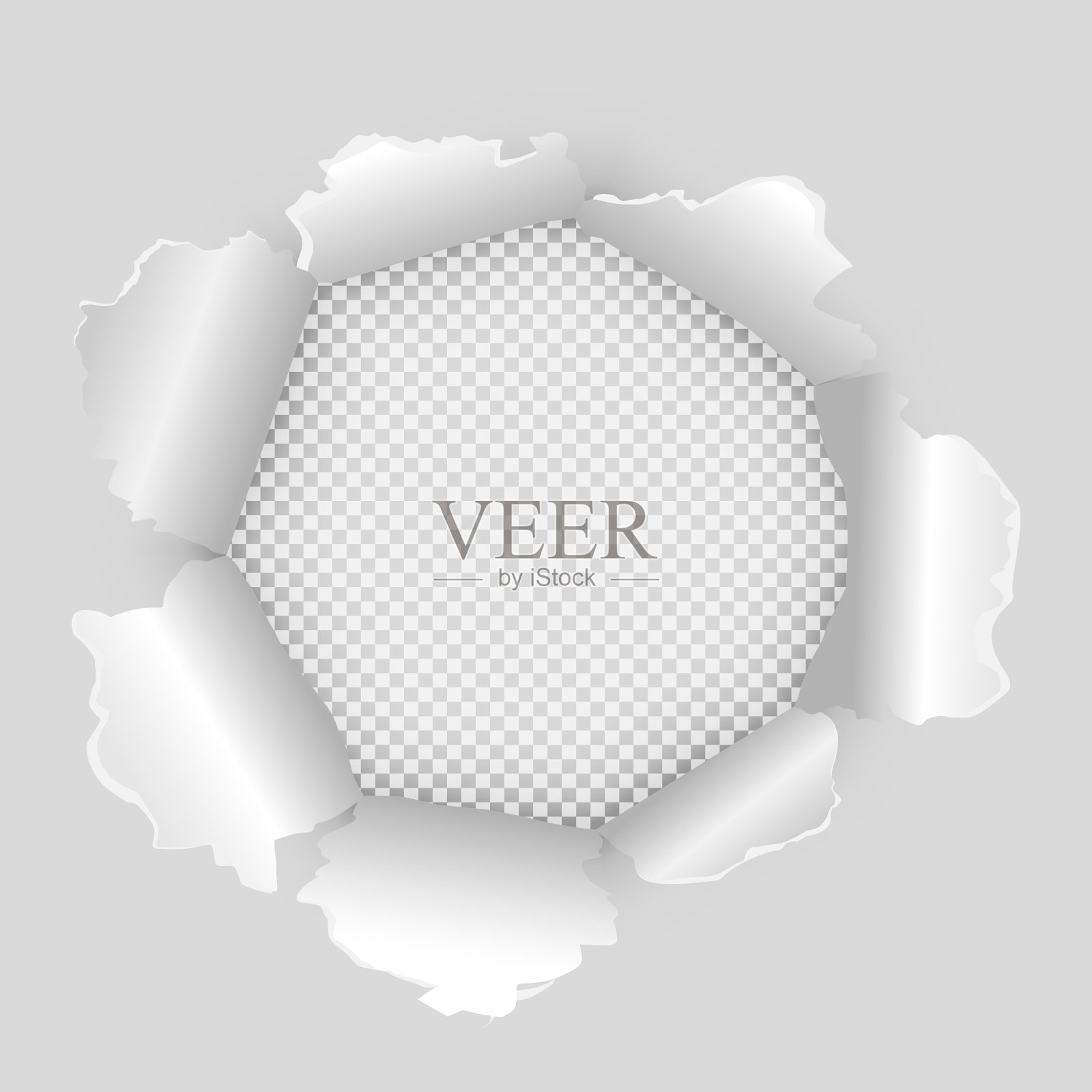 纸上撕了一个圈。矢量现实插图的白色撕裂纸与阴影和圆形洞透明背景与文本框架插画图片素材