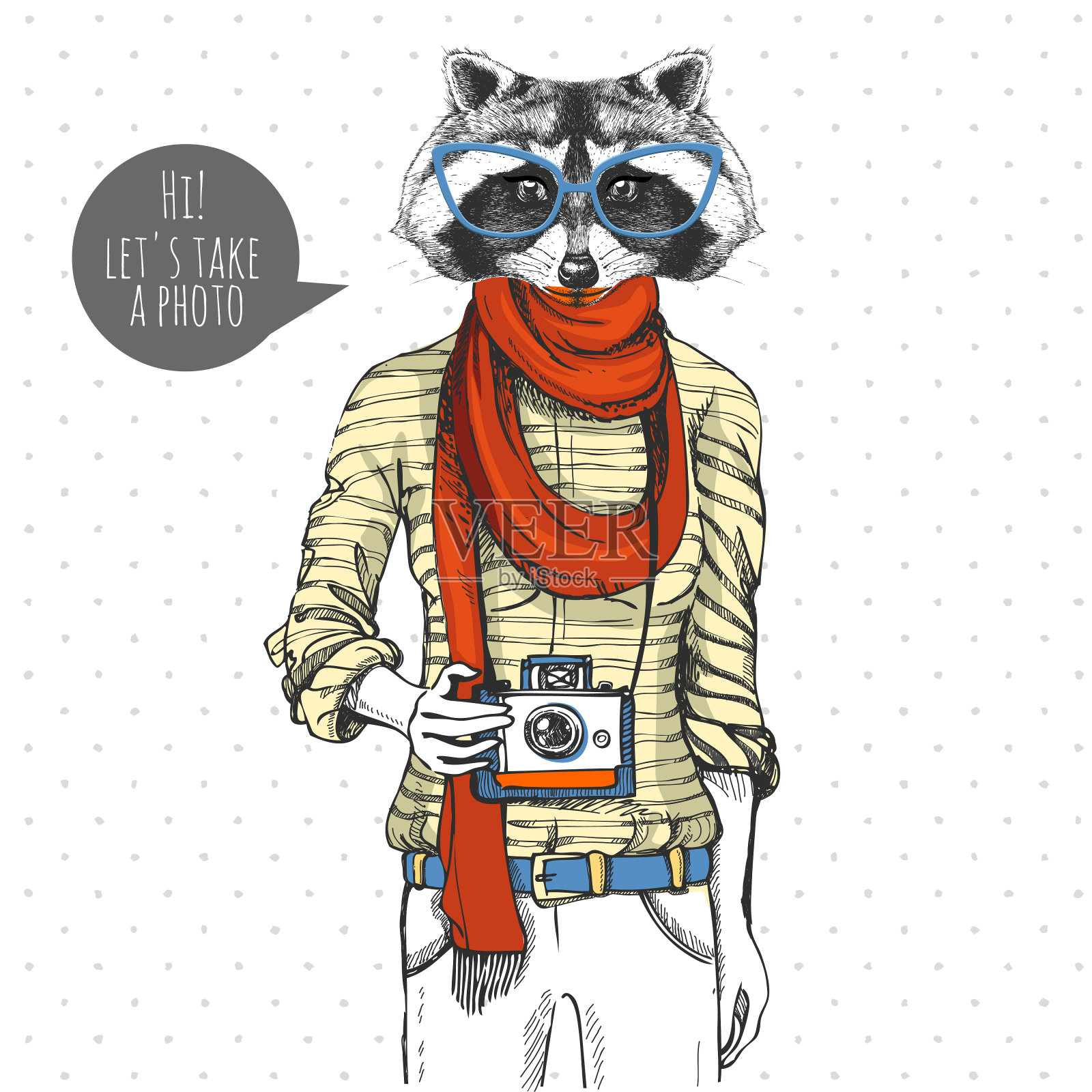 复古潮宠动物浣熊与相机。女人的模型插画图片素材