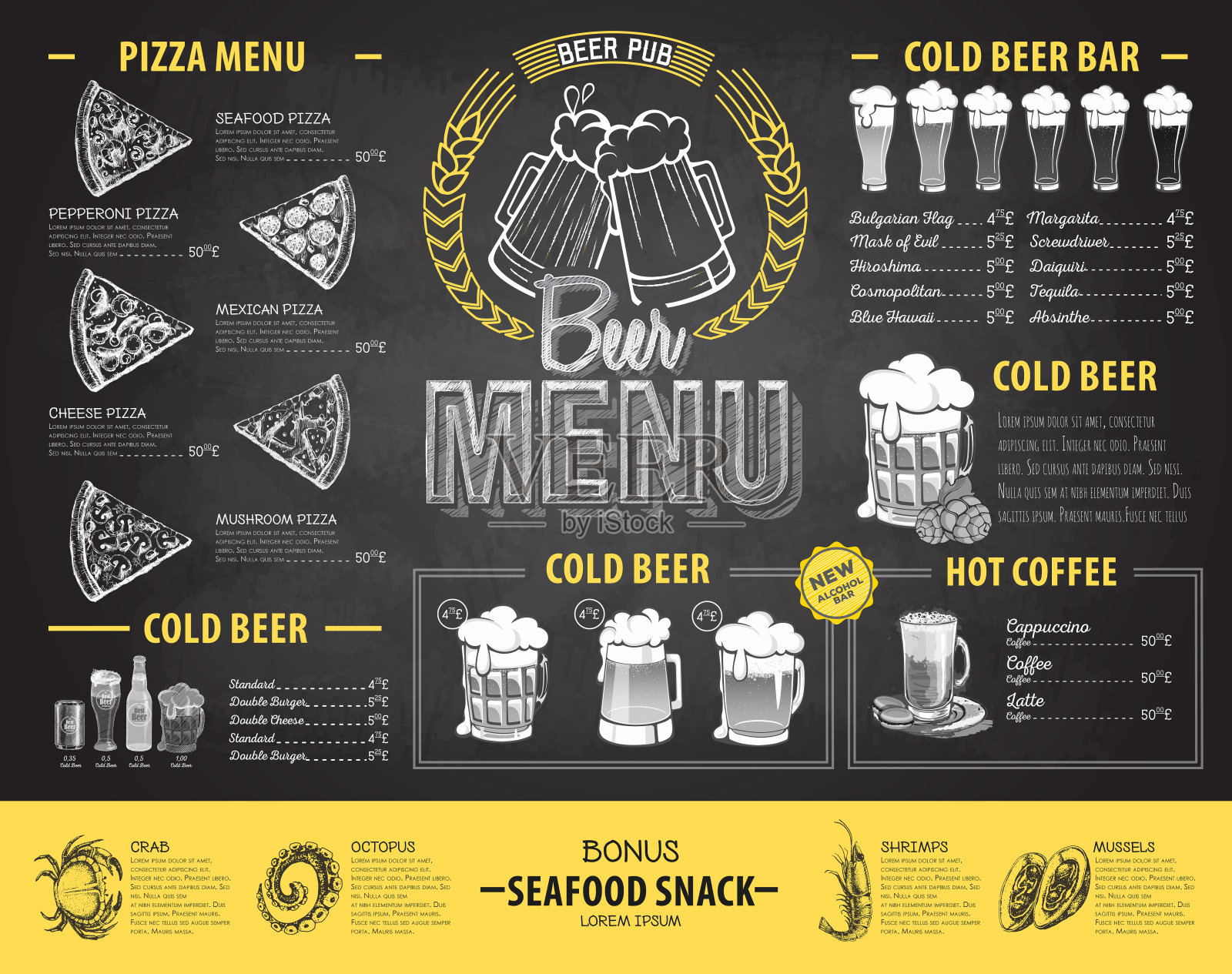 复古粉笔画啤酒菜单设计。餐厅的菜单设计模板素材