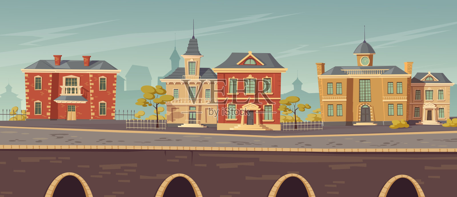 有欧洲建筑的19世纪城镇街道插画图片素材