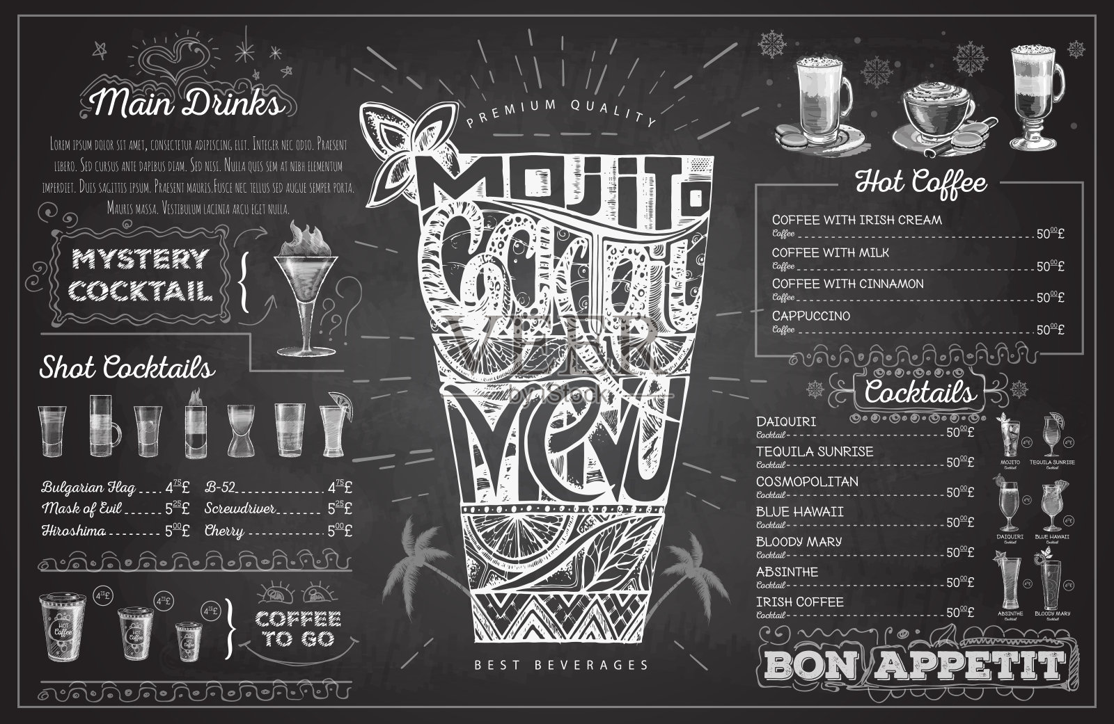 复古粉笔画鸡尾酒菜单设计。餐厅的菜单插画图片素材