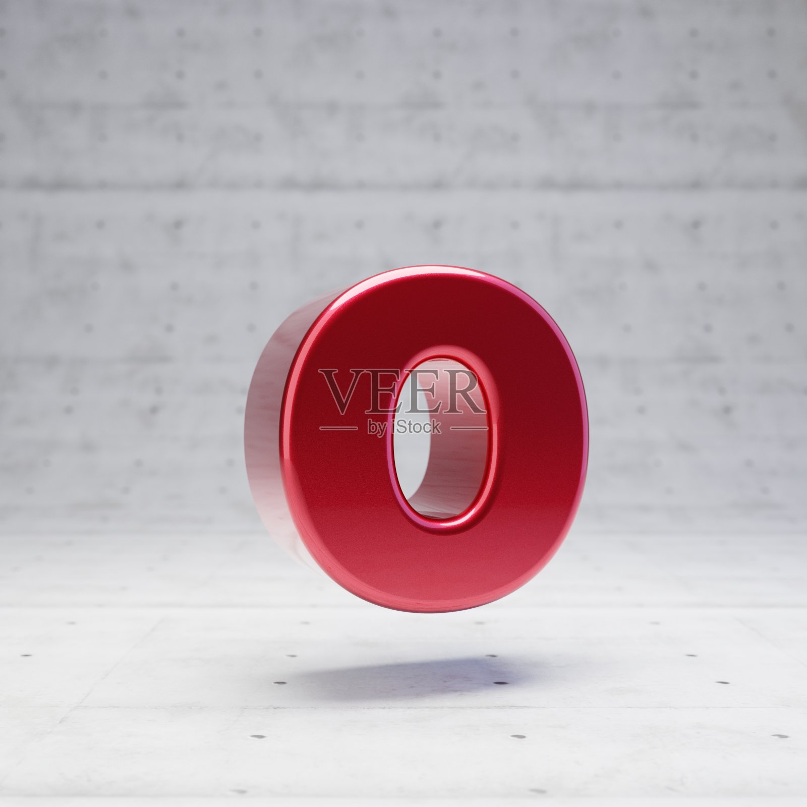红色小写字母o，金属红色，孤立在混凝土背景上。照片摄影图片