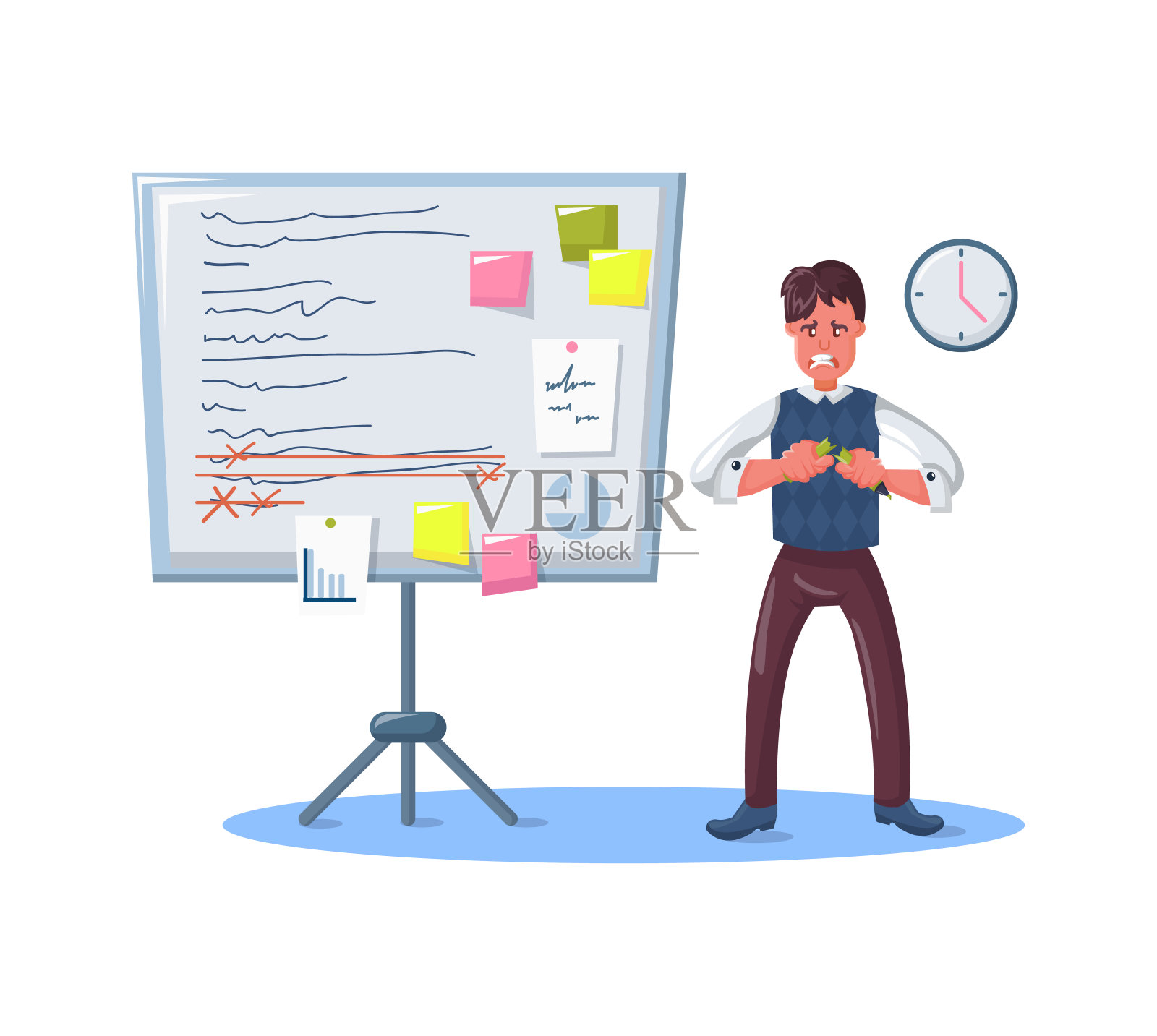 一名愤怒的男店员带着工作计划站在看台附近插画图片素材