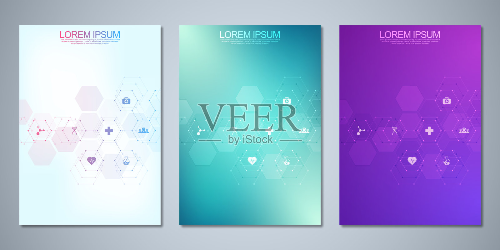 模板小册子或封面书，页面布局，传单设计。理念与理念为医疗事业，创新医药、制药、科技。医疗背景与平面图标和符号。设计模板素材