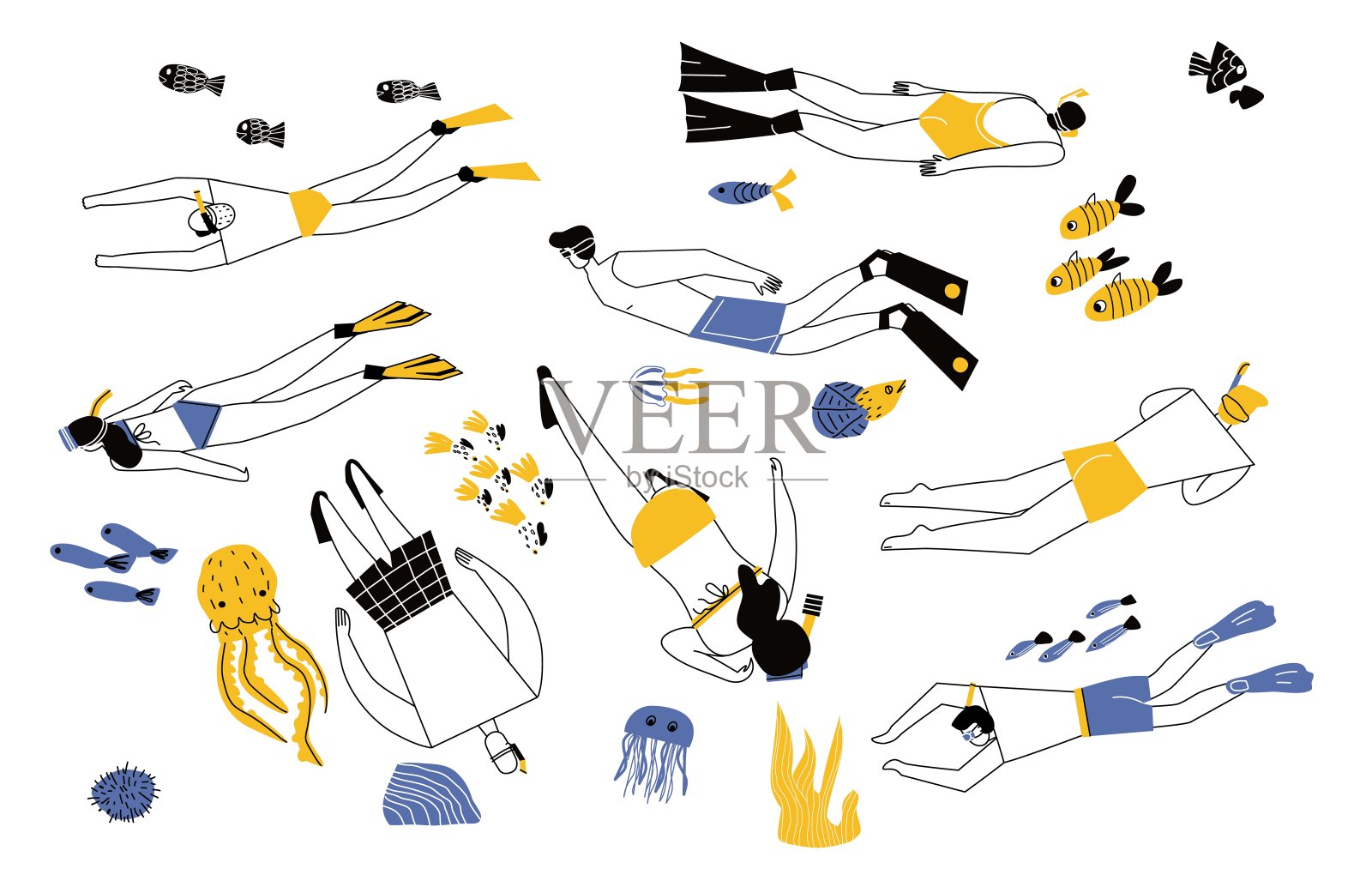 一组浮潜的女人和男人插画图片素材