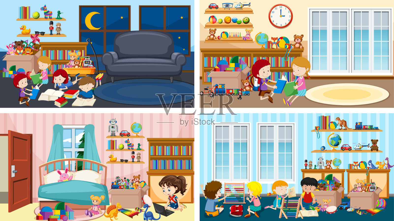 四个场景，孩子们在不同的房间里玩耍插画图片素材