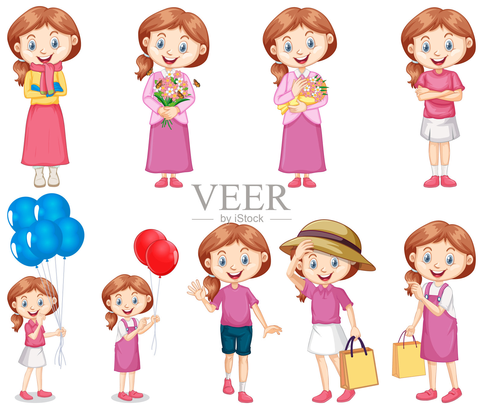 一组快乐的女孩在粉红色做不同的活动设计元素图片