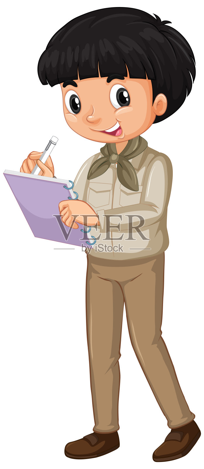 穿着狩猎服的男孩在白色背景上写笔记插画图片素材