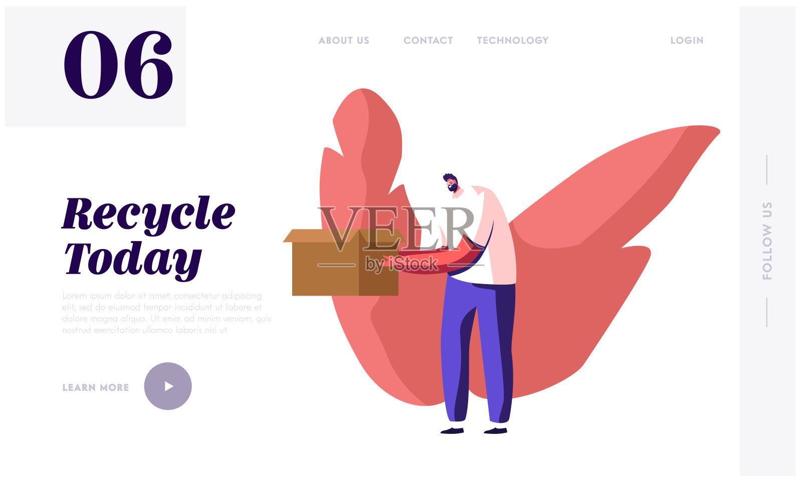 废纸回收解决方案网站登陆页。青年志愿者环保活动家携带用过的纸箱。废纸垃圾回收，停止污染网页横幅。卡通平面矢量插图插画图片素材