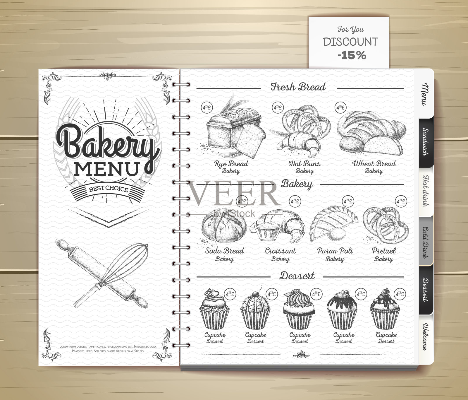 复古烘焙菜单设计。餐厅菜单。文档模板插画图片素材