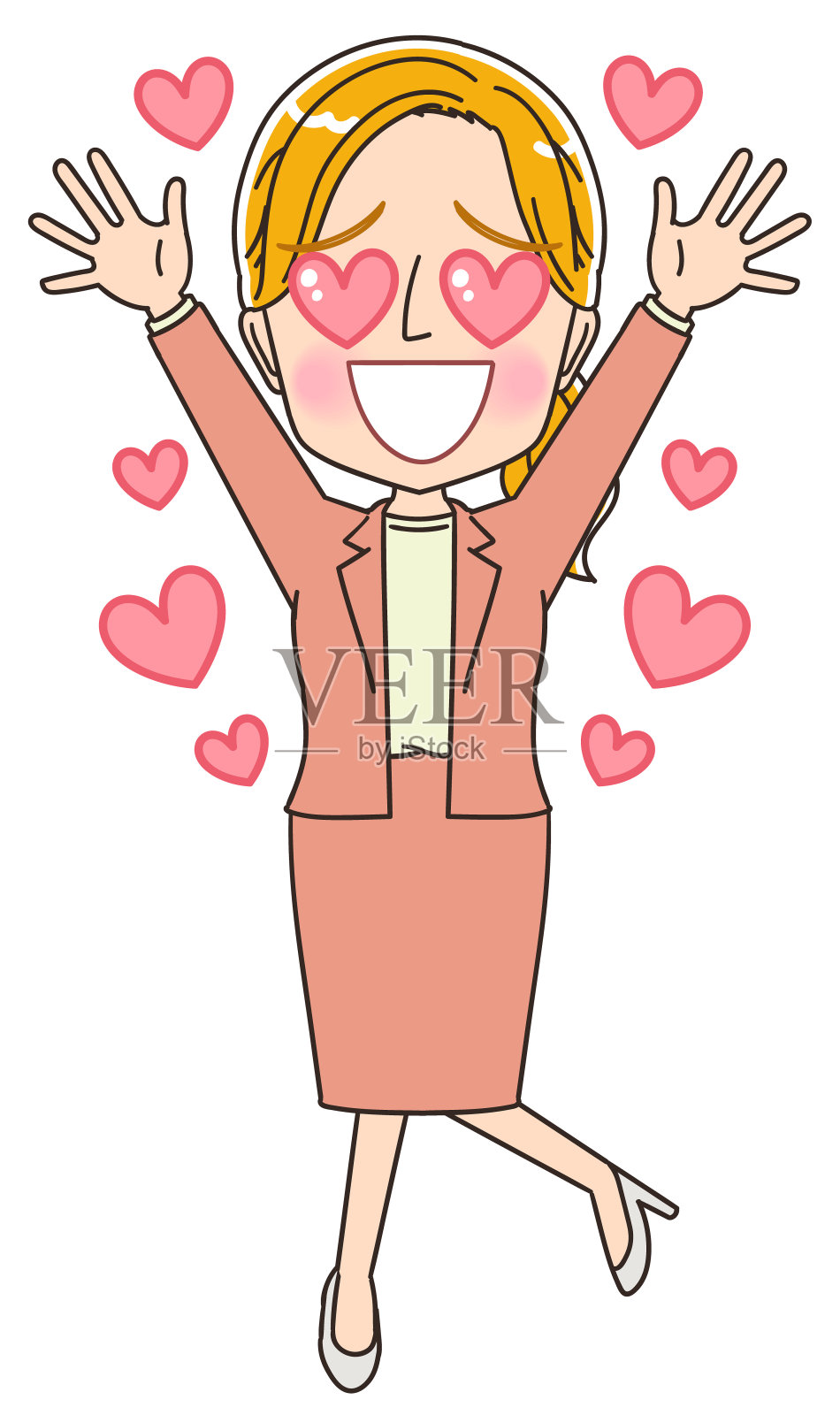 年轻的白人女性。她金发碧眼，穿着西装。她有积极的情绪。设计元素图片