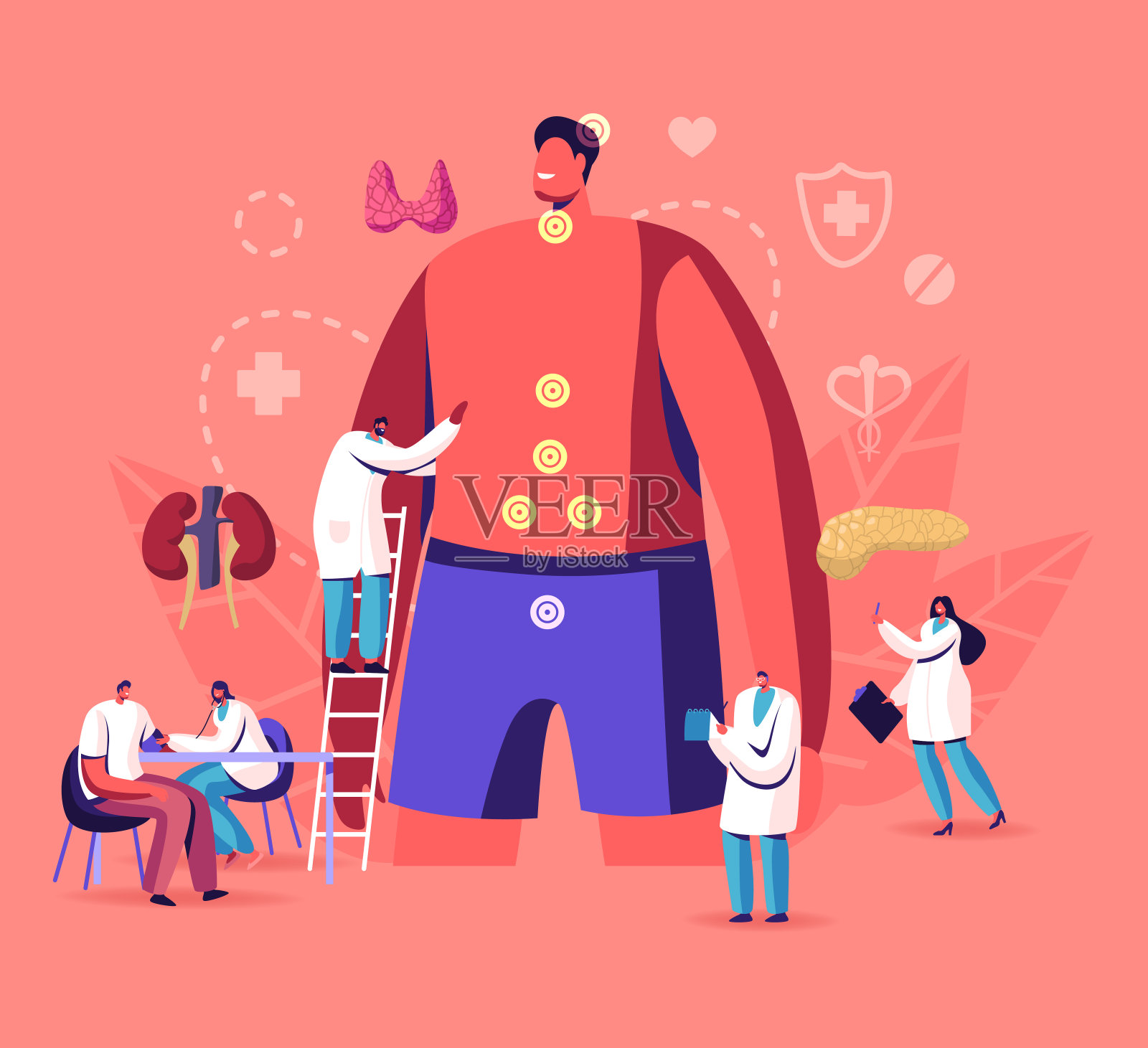 内分泌、激素疾病与观念失衡。医学与生物内分泌系统分科。医生和病人行为或比较治疗研究。卡通平面矢量插图插画图片素材