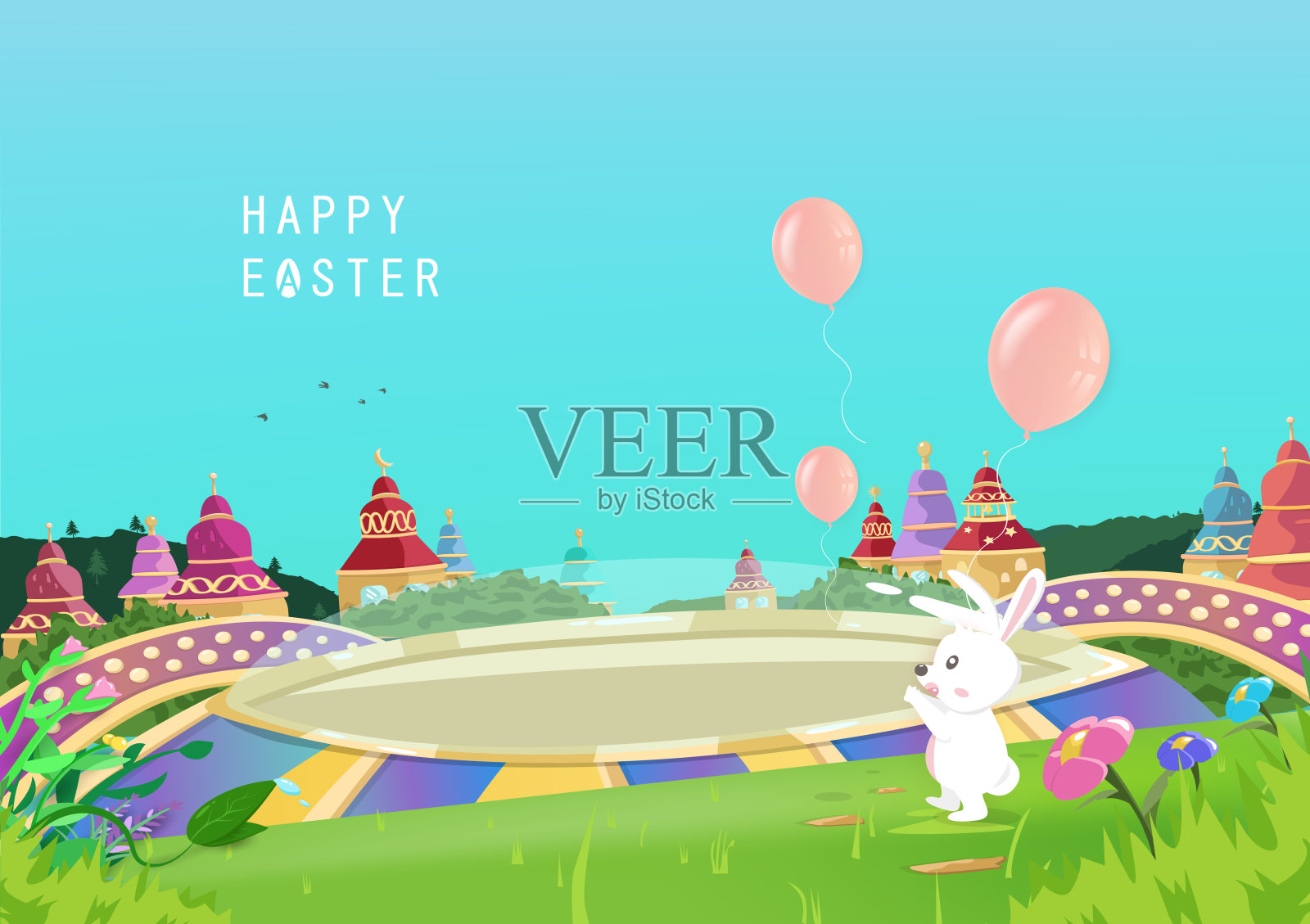 复活节快乐，贺卡，奇幻城市童话故事，卡通人物兔子节日海报矢量插画设计模板素材