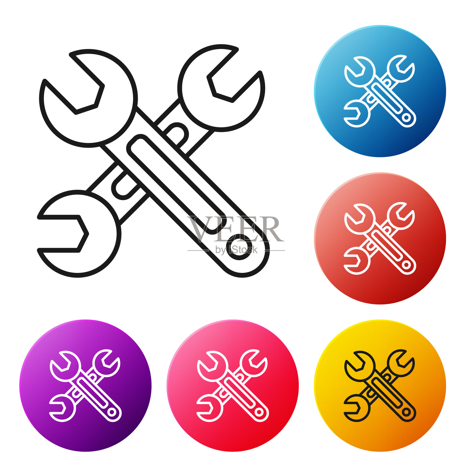 黑线扳手图标隔离在白色背景。扳手图标。设置彩色圆形按钮图标。矢量图图标素材