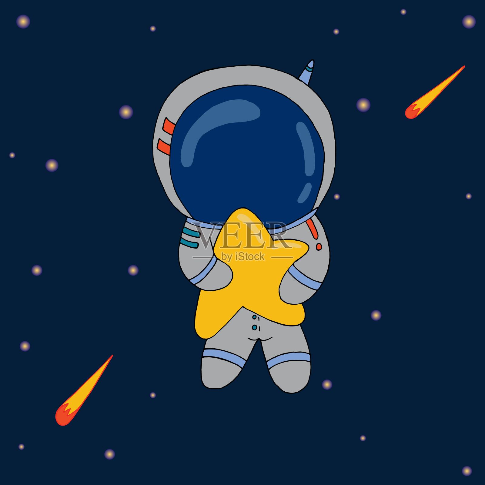 矢量儿童插图，可爱的宇航员拥抱一颗星在太空插画图片素材