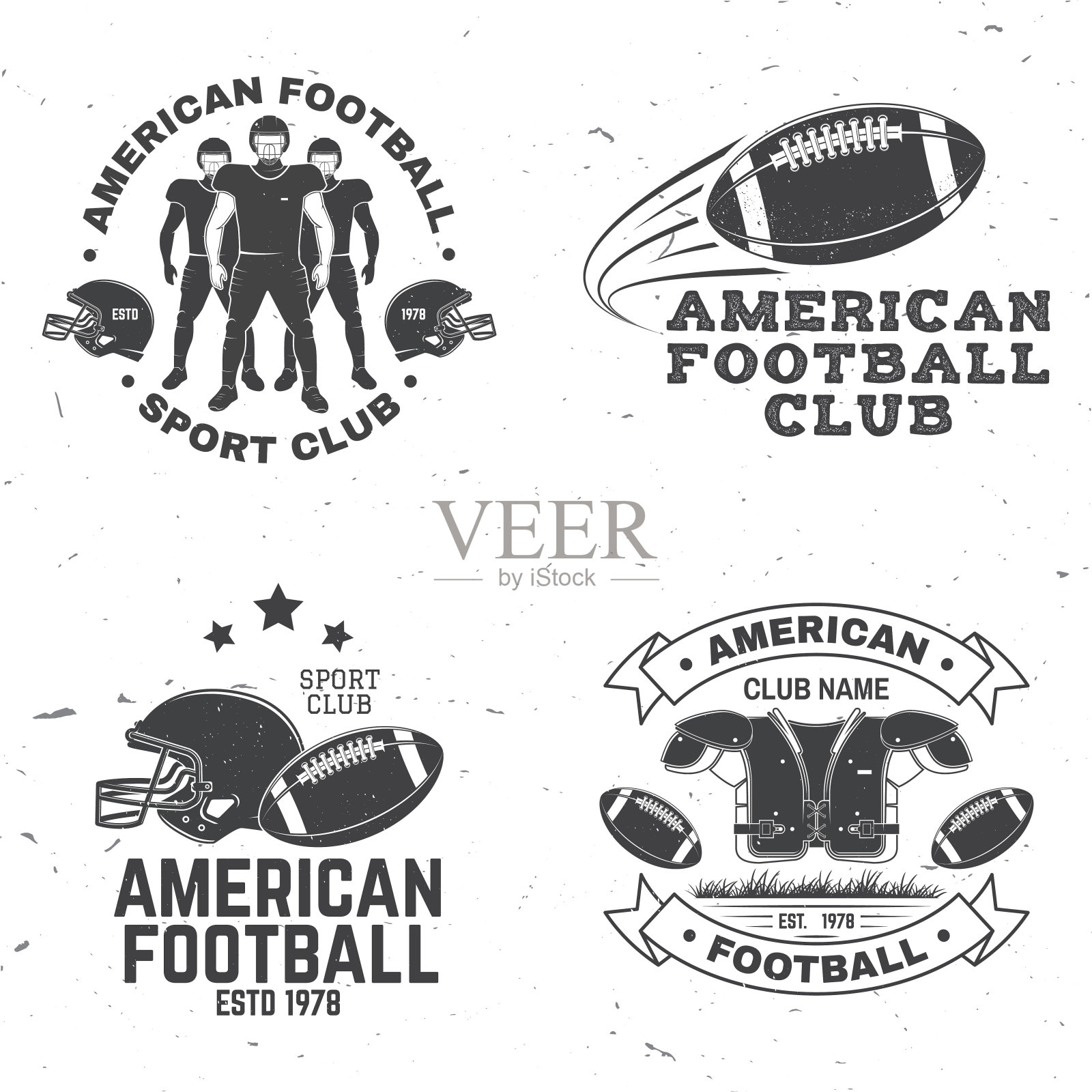 一套美国足球或橄榄球俱乐部的徽章。矢量衬衫，打印，邮票，补丁。复古设计与美式足球运动员，头盔，球，草和垫肩剪影插画图片素材
