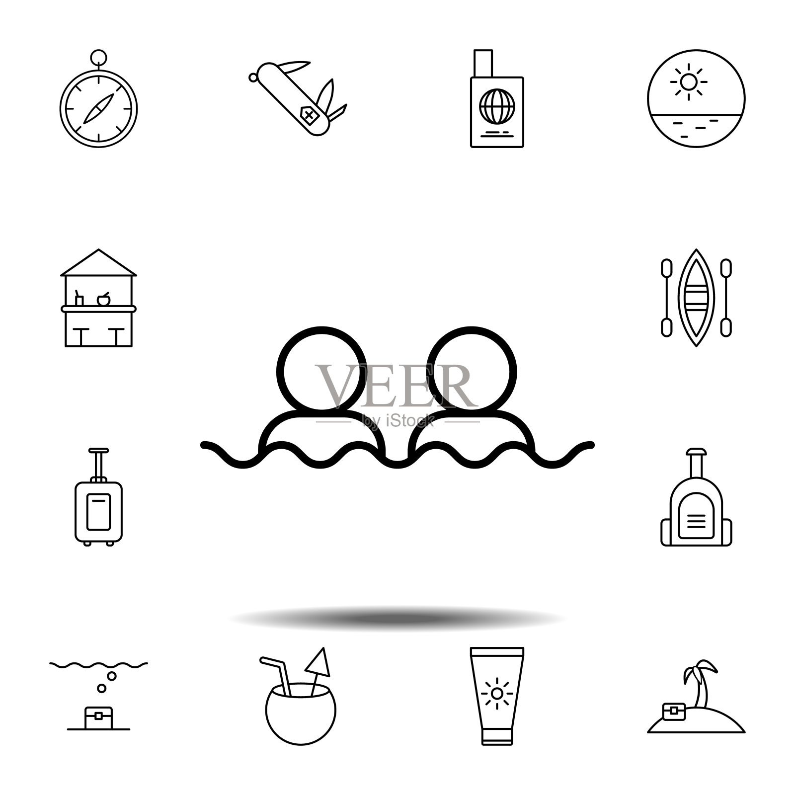 游泳，两个人在海上的图标。简单的细线，轮廓矢量元素的夏季图标设置的用户界面和用户体验，网站或移动应用程序图标素材