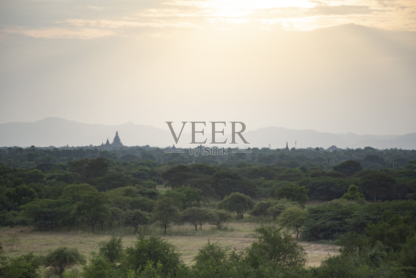 蒲甘日出时，古老的寺庙被绿色的植被包围照片摄影图片