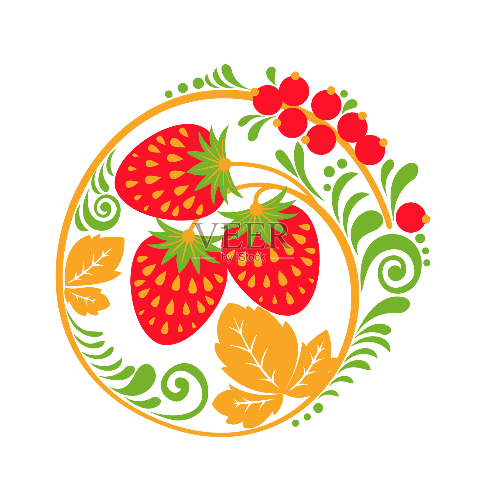 Hohloma向量装饰元素与浆果和树叶孤立在白色背景。插画图片素材