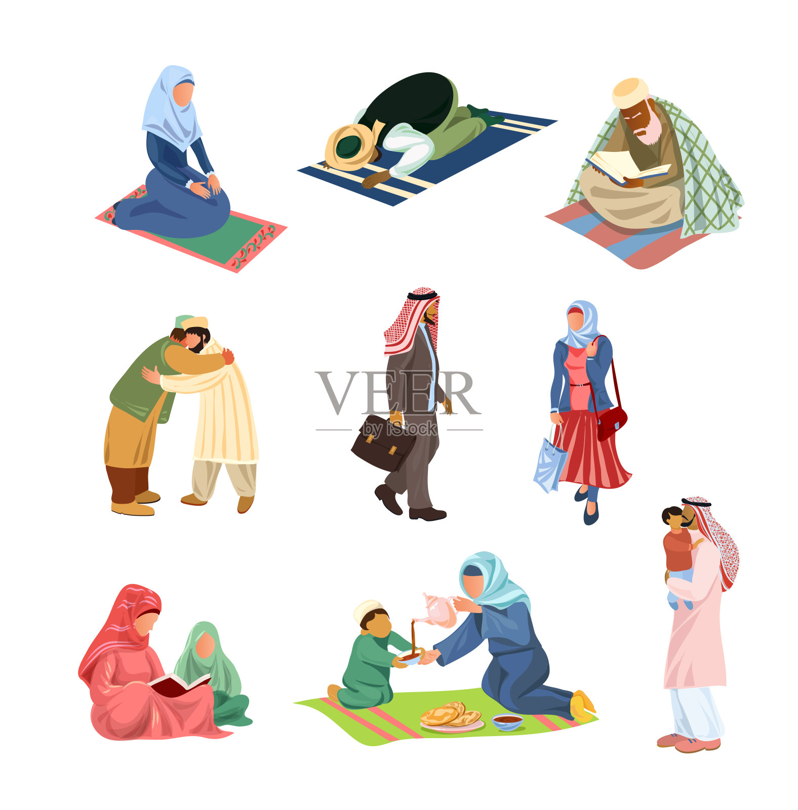 集不同的阿拉伯穆斯林人民的日常活动插画图片素材