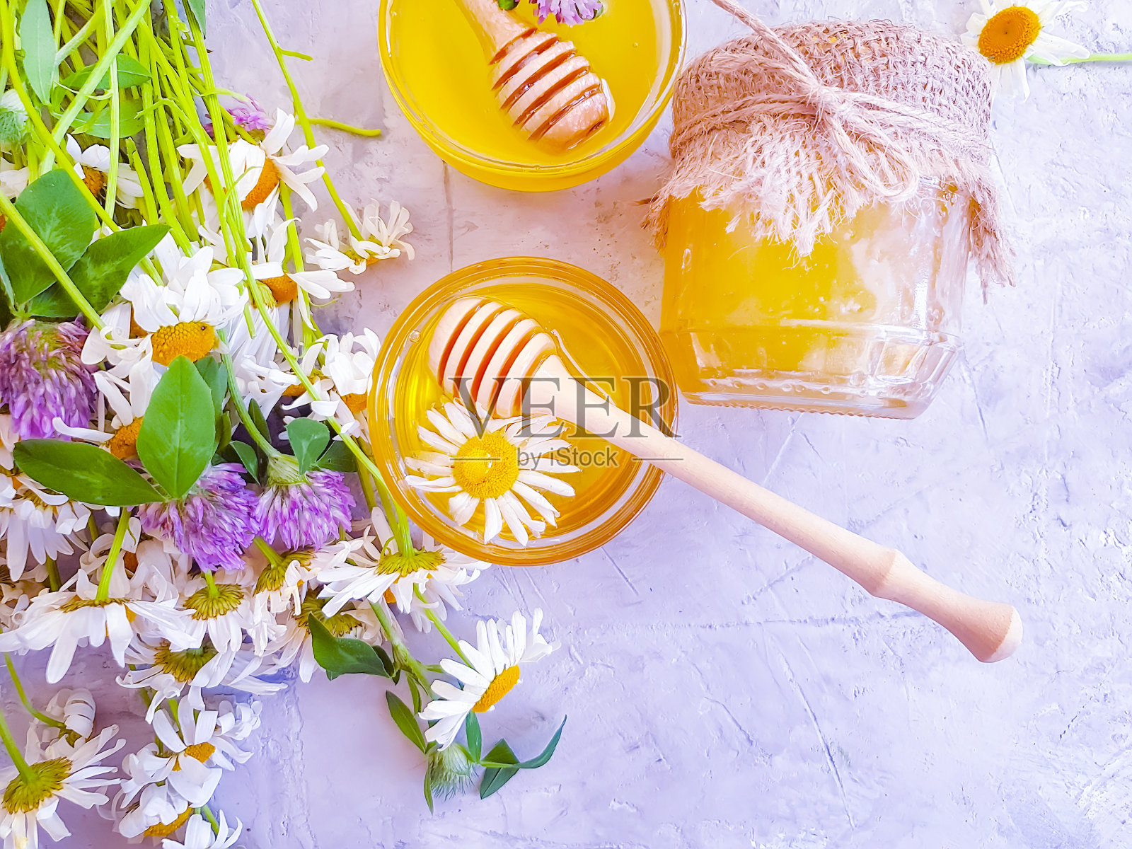 混凝土背景上的新鲜蜂蜜雏菊花照片摄影图片