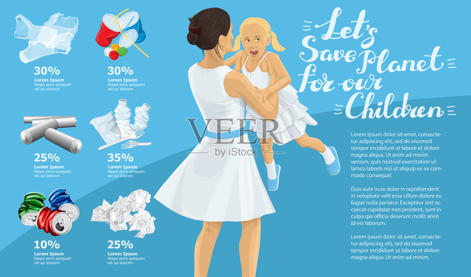 矢量信息图或信息图。不同回收垃圾的概念形象。母亲和女儿的题词让我们为我们的孩子拯救地球插画图片素材
