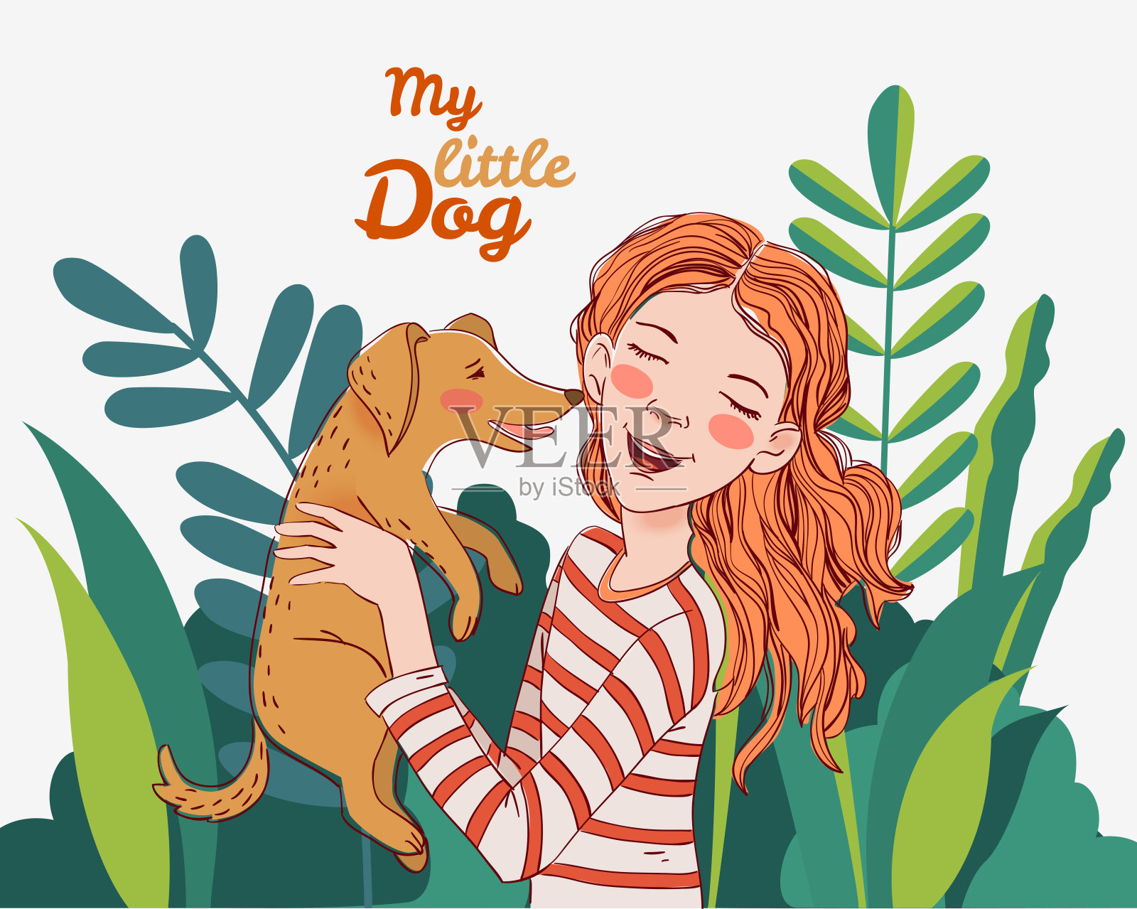 可爱的女孩和有趣的狗。一个漂亮的孩子和小宠物的肖像插画图片素材