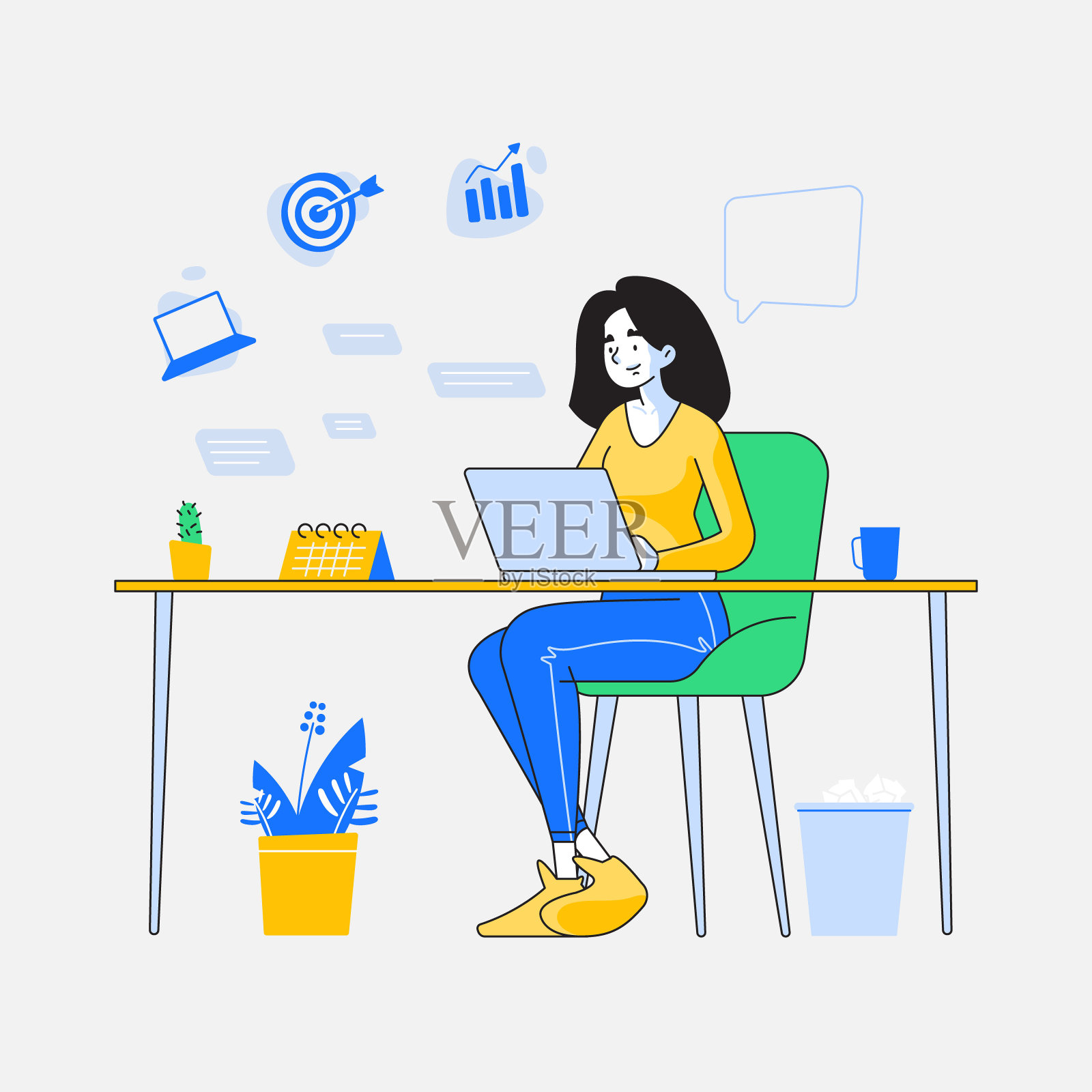 业务和工作区概念。时尚的年轻女性或女员工坐在现代办公桌旁，用她的笔记本电脑工作。业务相关的图标在她的头上，矢量插图插画图片素材