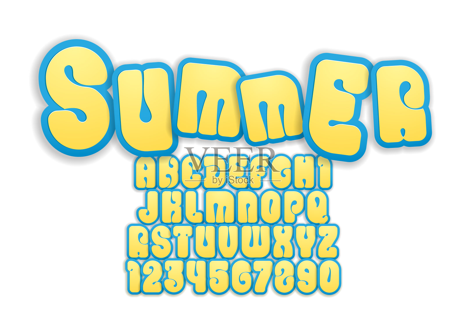 黄色有趣的字体，明亮的加粗的卡通风格的字母表，好玩的圆形字母从A到Z和数字从0到9为您设计:标志，t恤，儿童卡片，海报，矢量插图10EPS设计元素图片