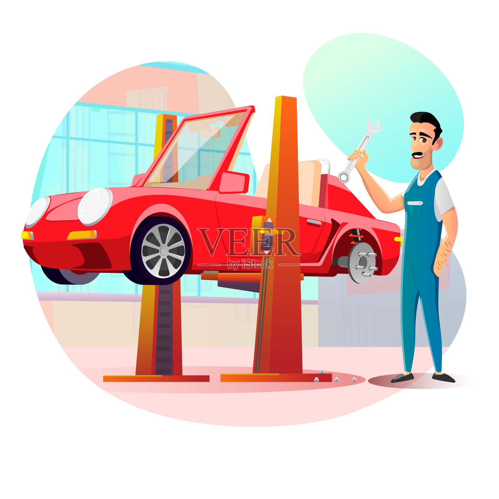 友善微笑的机械师和挂在电梯上的汽车插画图片素材