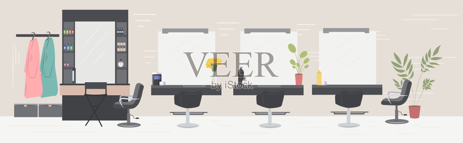 现代美发沙龙配有椅子、镜子和家具，美容沙龙室内水平布置插画图片素材