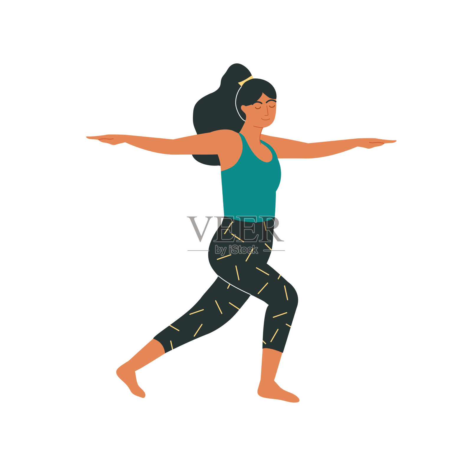 女人在现代变化的战士姿势。Virabhadrasana II瑜伽体式。瑜伽，普拉提，伸展教练孤立的白色。体育活动是一种放松和心理健康的方式。插画图片素材