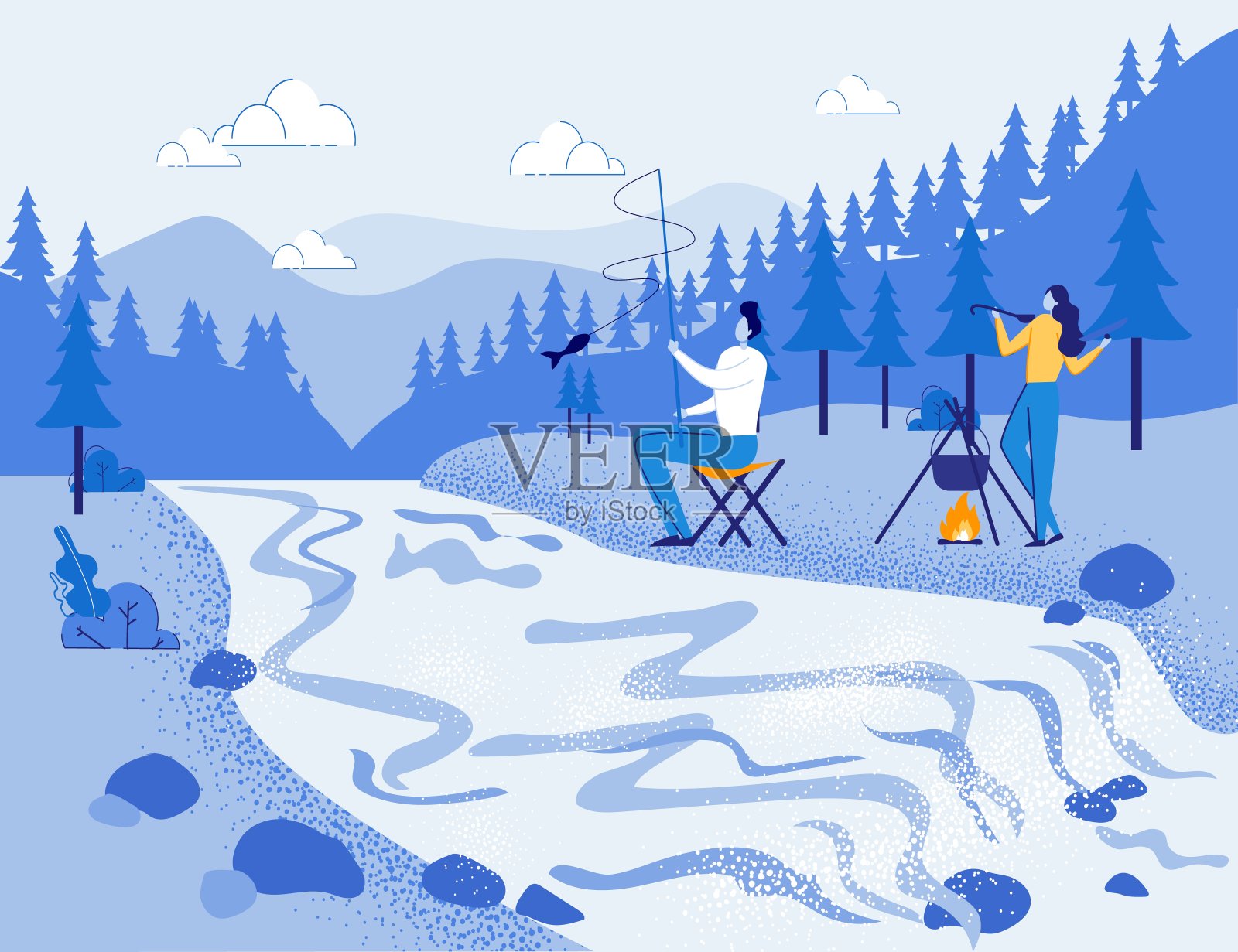 森林景观与河流和人捕鱼。插画图片素材