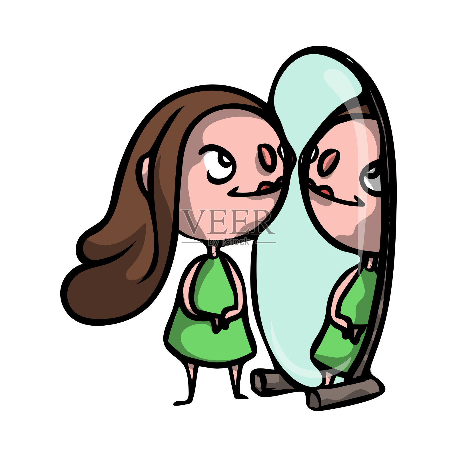 那个年轻美丽的女孩照镜子，在自己面前炫耀。插画图片素材