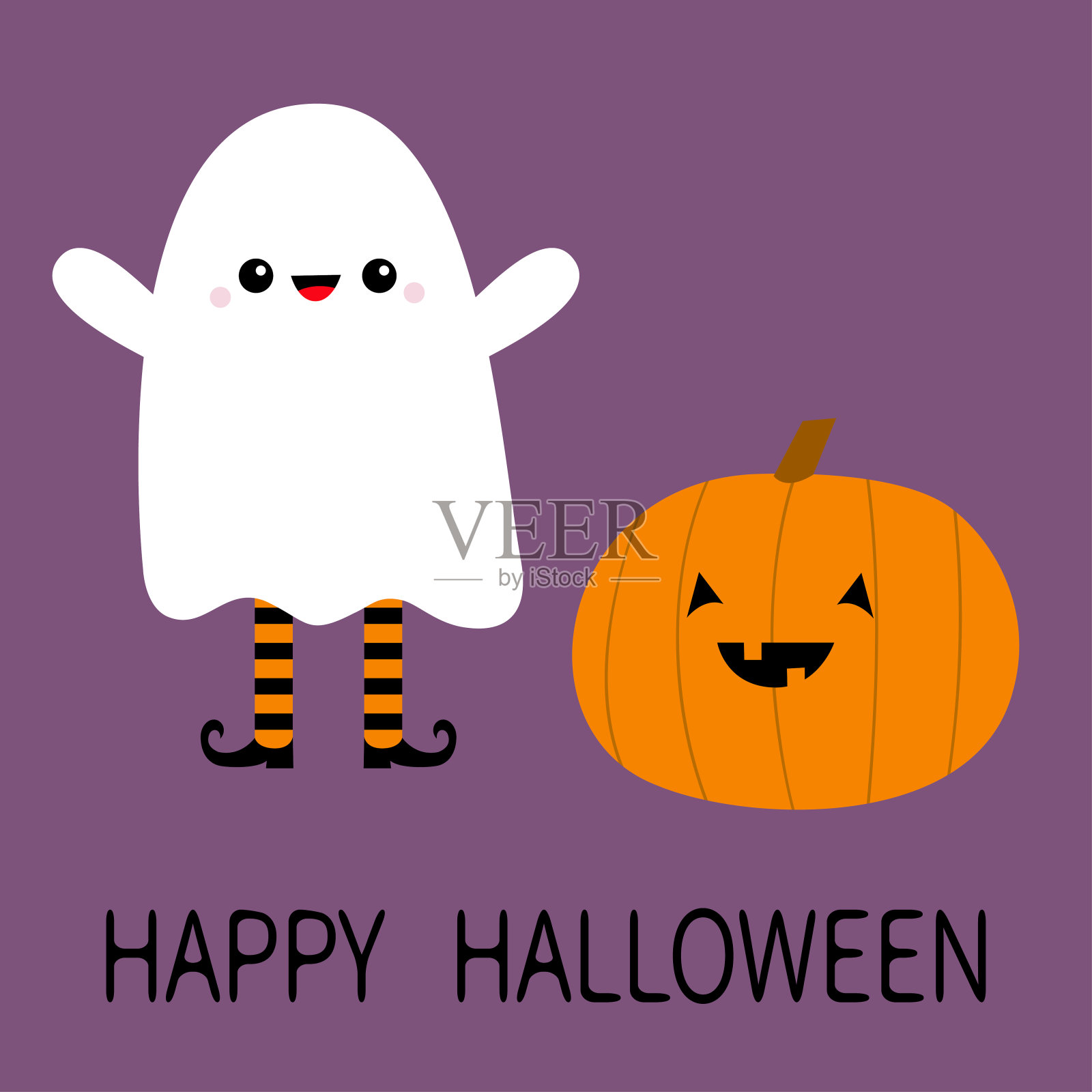 万圣节快乐。小孩子穿着鬼的服装。可爱的南瓜。不给糖就捣蛋。古怪诡异的笑脸。可爱的卡通卡哇伊婴儿角色。眼睛,牙齿。紫色的背景。平面设计。插画图片素材