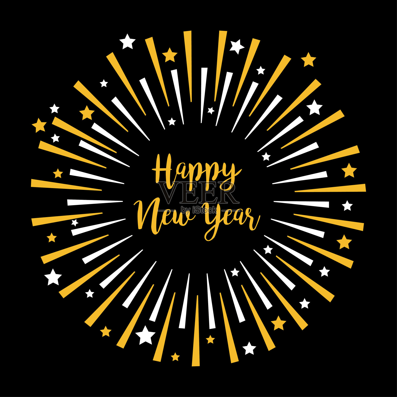新年快乐。节日烟花装饰。星辉设置圆形框架。饼干的光。黄金的颜色。爆竹破裂。金色和白色。平面设计。黑色背景。插画图片素材