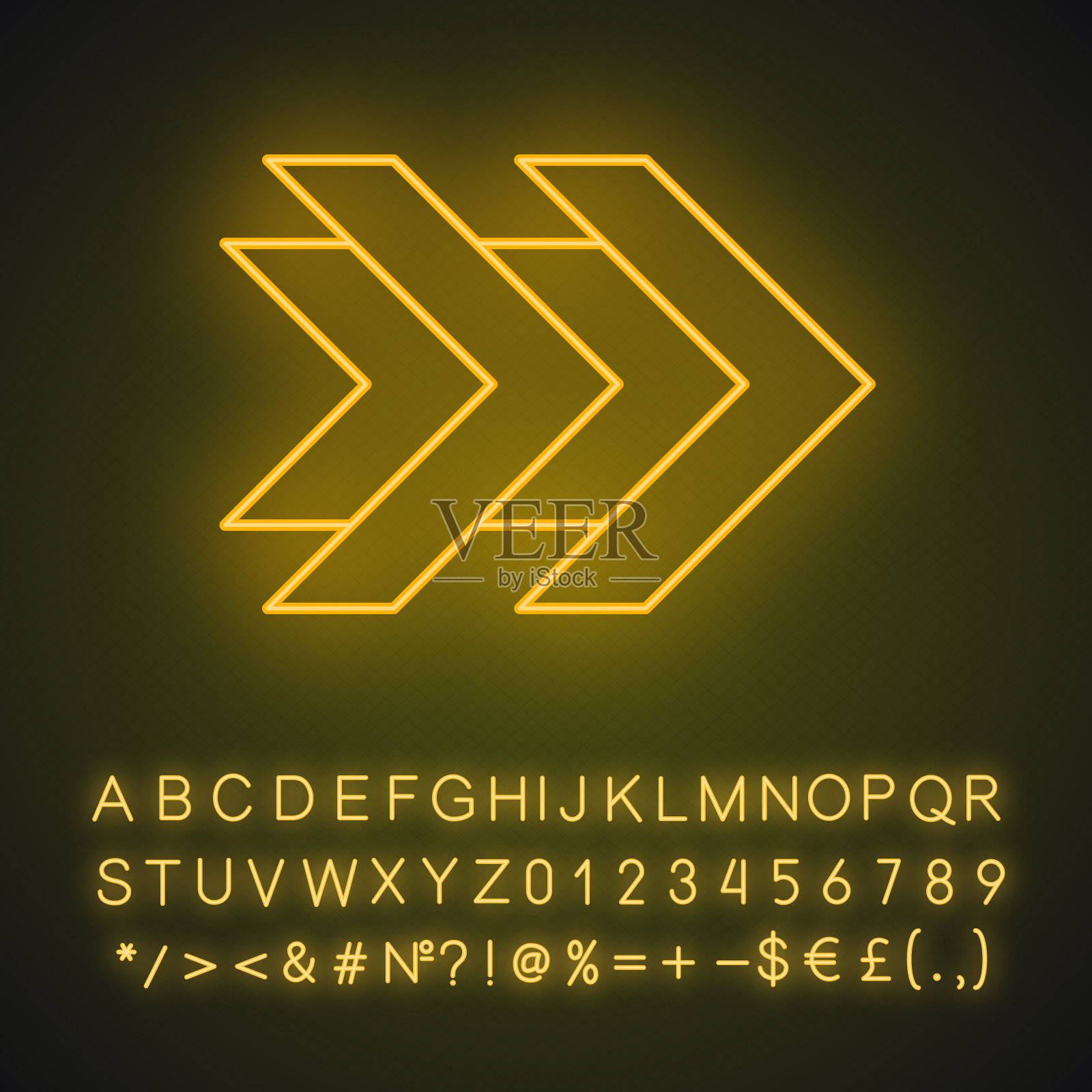 双箭头霓虹灯图标。快进右箭头。复卷按钮。导航指示器的象征。指向的迹象。有字母、数字和符号的发光符号。向量孤立的插图插画图片素材