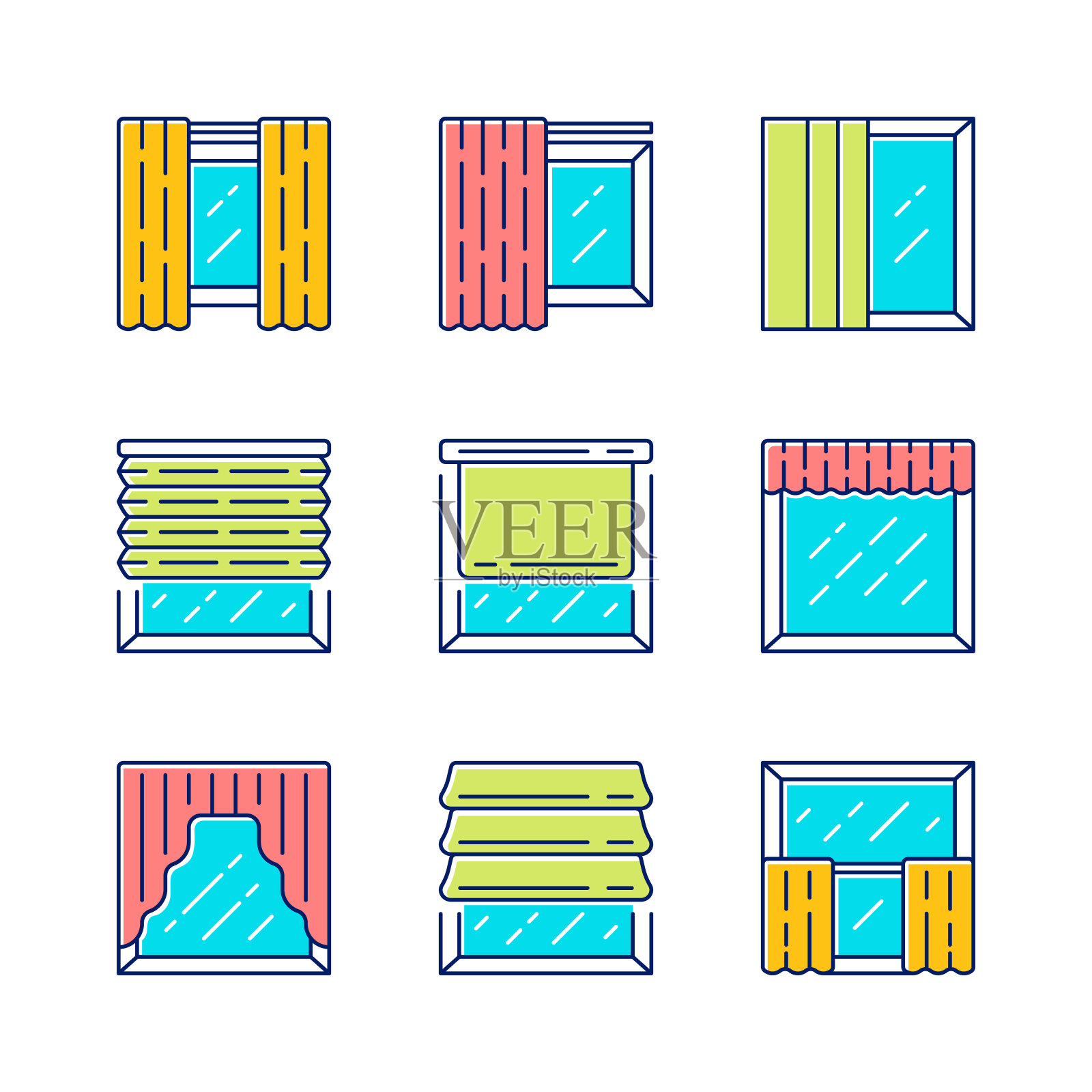 窗口百叶窗颜色图标设置。滚轴，罗马灯罩，镶板，吊篮，帷幔。电动百叶窗。房子和办公室的窗户装饰。家庭内部商店。孤立的矢量插图插画图片素材