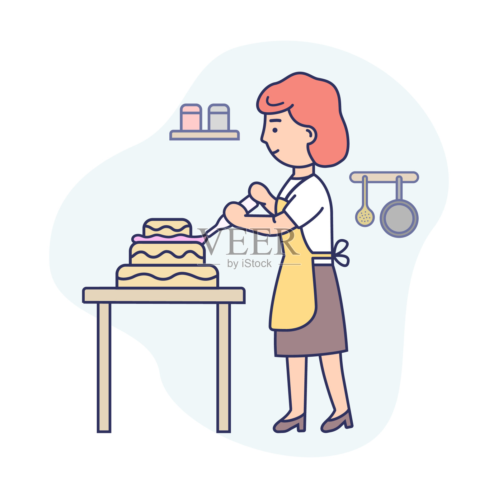 烹饪蛋糕的概念。快乐的女人在厨房做饭，烘焙和装饰美味的馅饼。女人正在用烹饪注射器装饰蛋糕。卡通平面轮廓线矢量插图插画图片素材