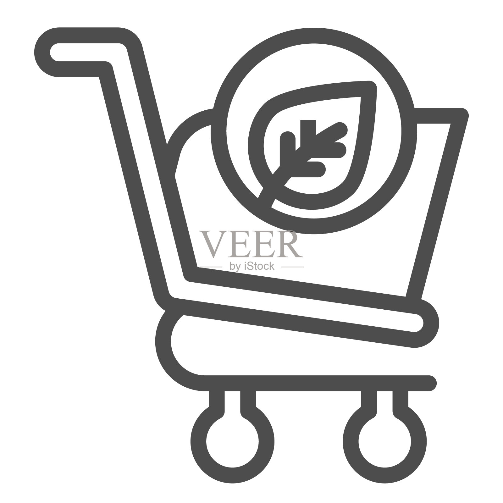 生态购物线图标。带叶按钮的生态市场手推车。商务矢量设计概念，轮廓风格的象形图上的白色背景，用于web和应用程序。设计元素图片