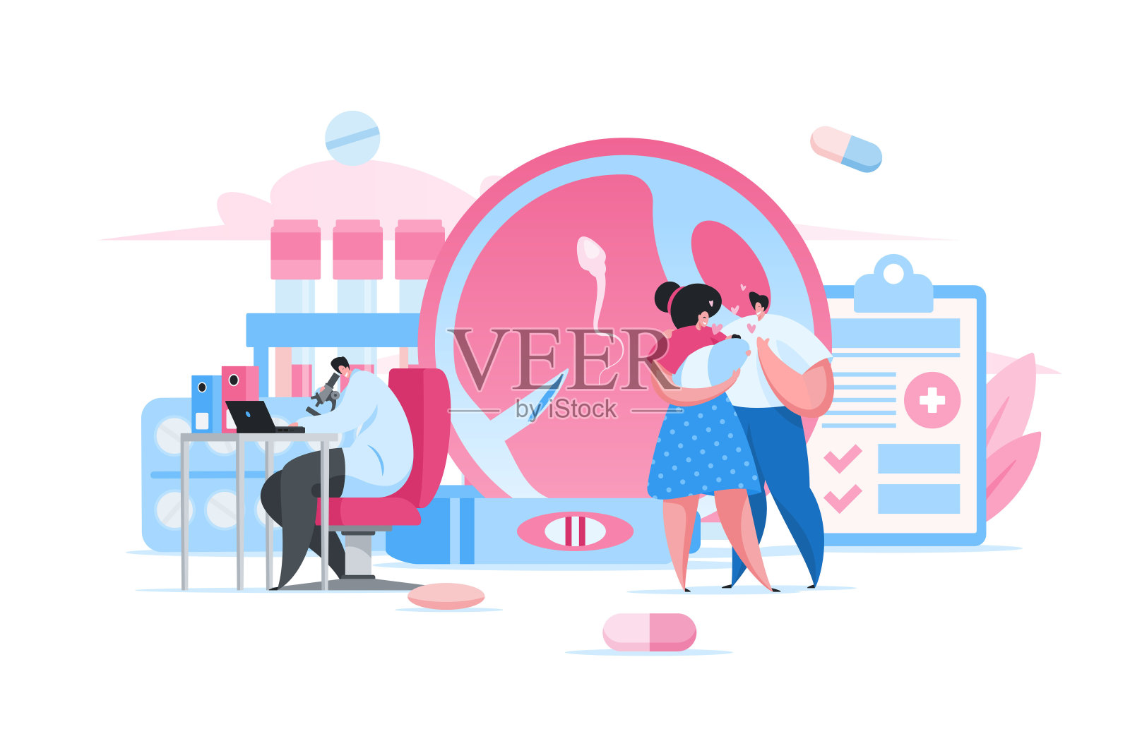 幸福的父母和生育诊所的孩子。平面卡通人物矢量插图插画图片素材