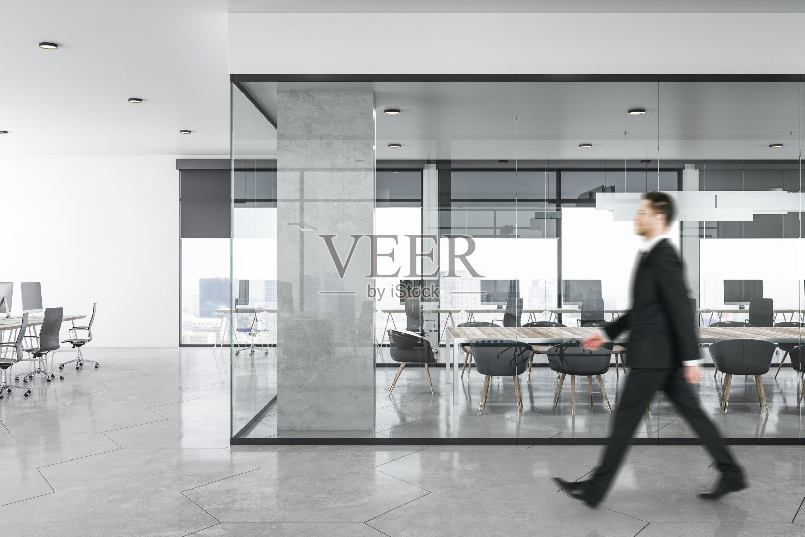 在新混凝土办公室内部的商人照片摄影图片